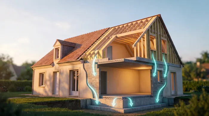 Coupe d'une maison montrant la descente des charges d'une surélévation jusqu'aux fondations