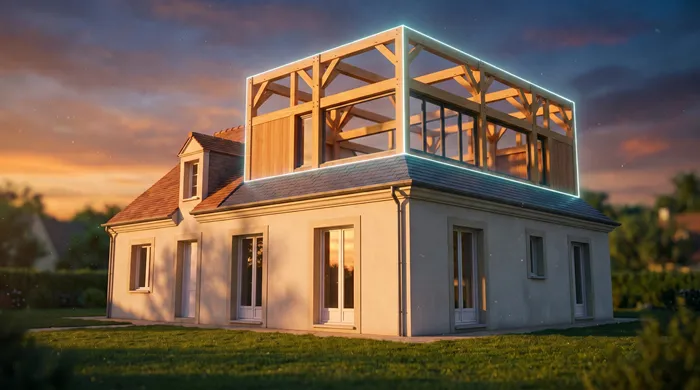 Surélévation en ossature bois en cours de construction sur une maison individuelle